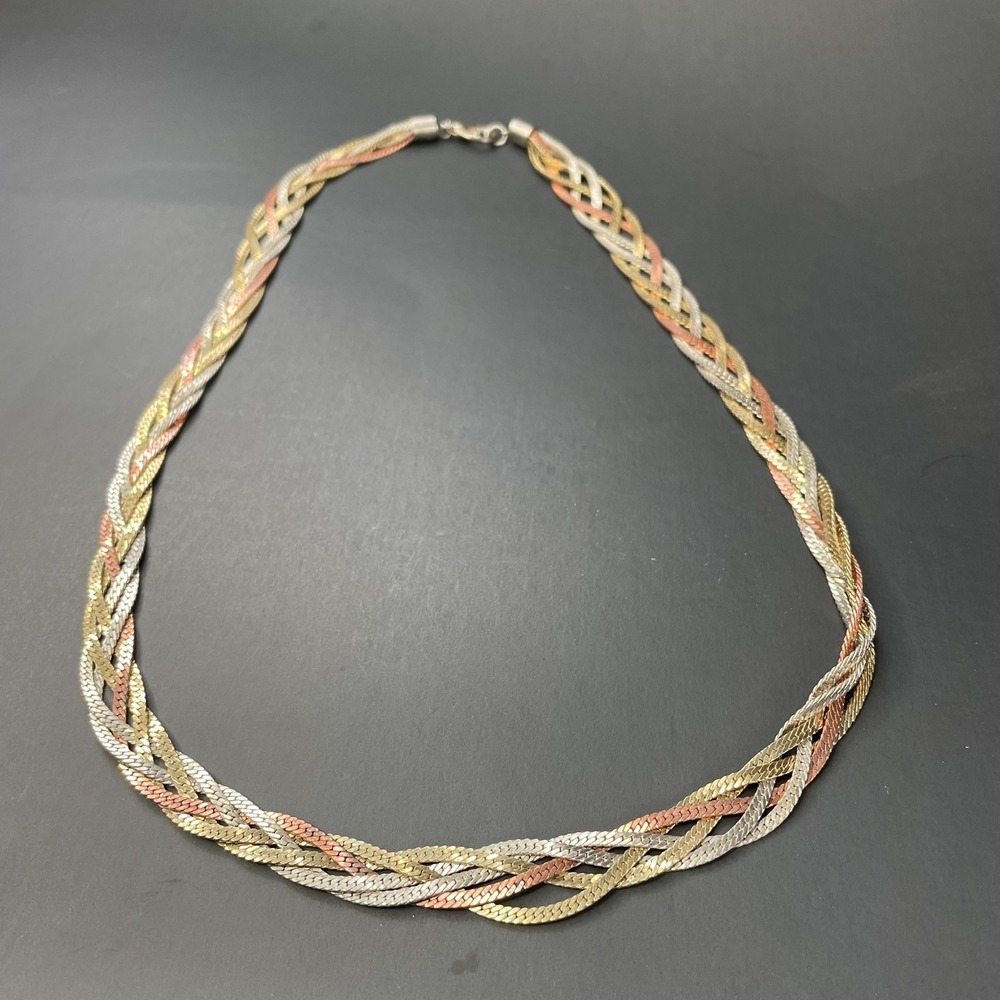 Vintage Unsigned Mixed Metal Tone‎ Braided Herringbone Necklace 24"